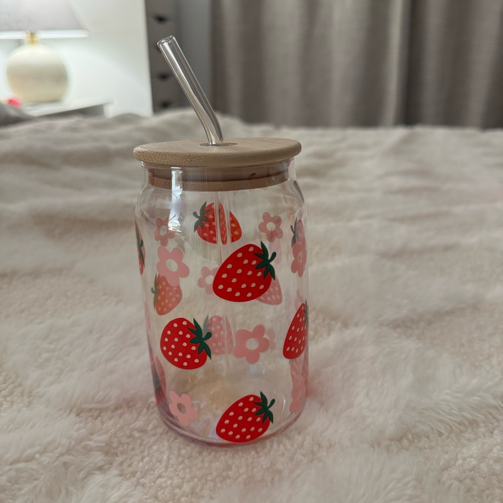 Strawberry & Daisy Glass Cup With Glass Straw.
